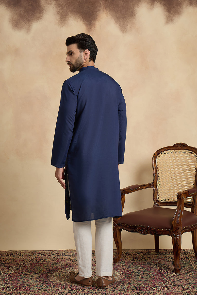 Mens Navy Blue Silk Blend Solid Embroidered Thread Work Kurta With Trouser MKSET2468