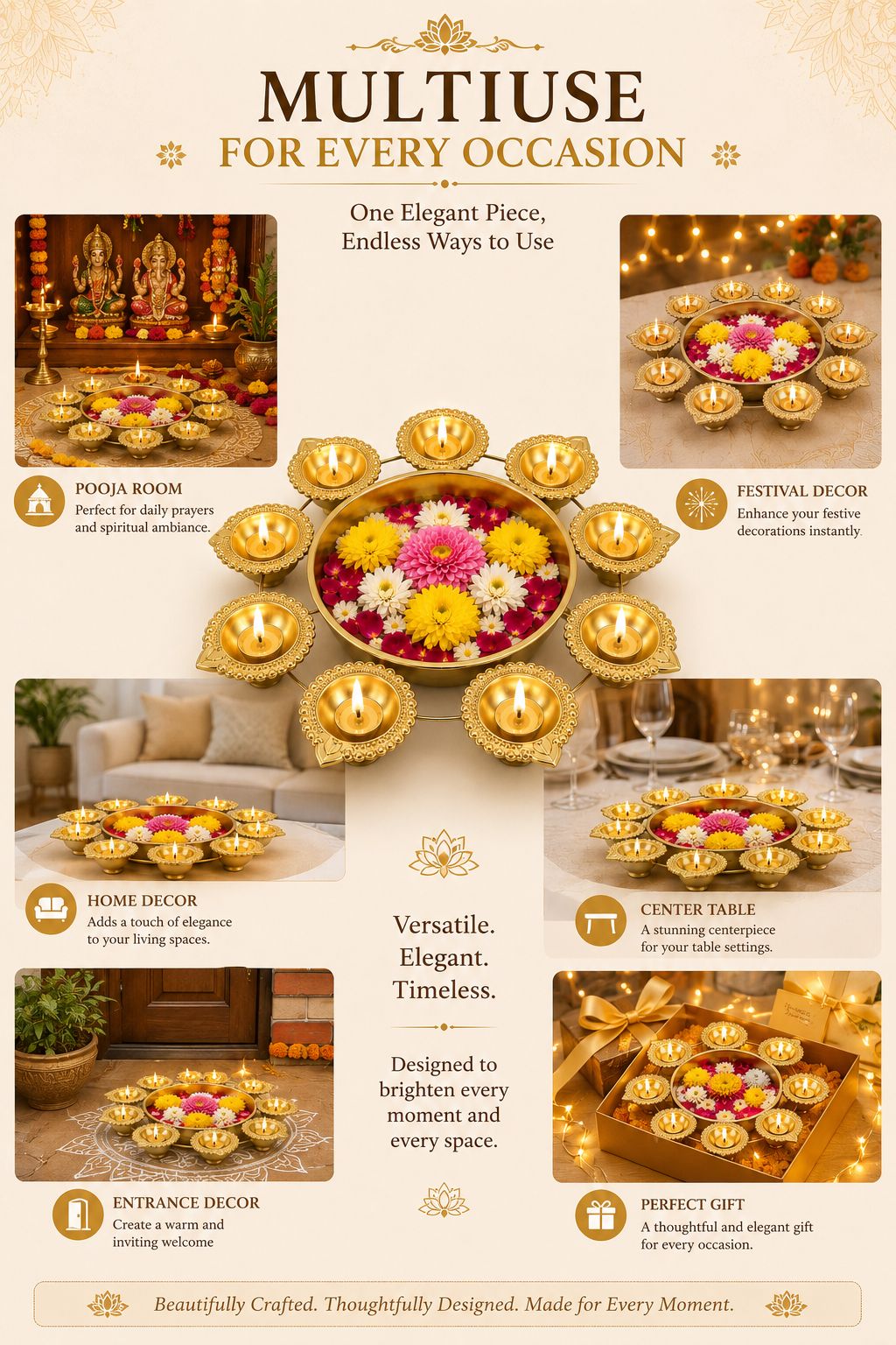 premium iron urli with 8 diya holders decorative metal floating flower bowl for water candles rangoli traditional urli for diwali pooja wedding festivals home decoration