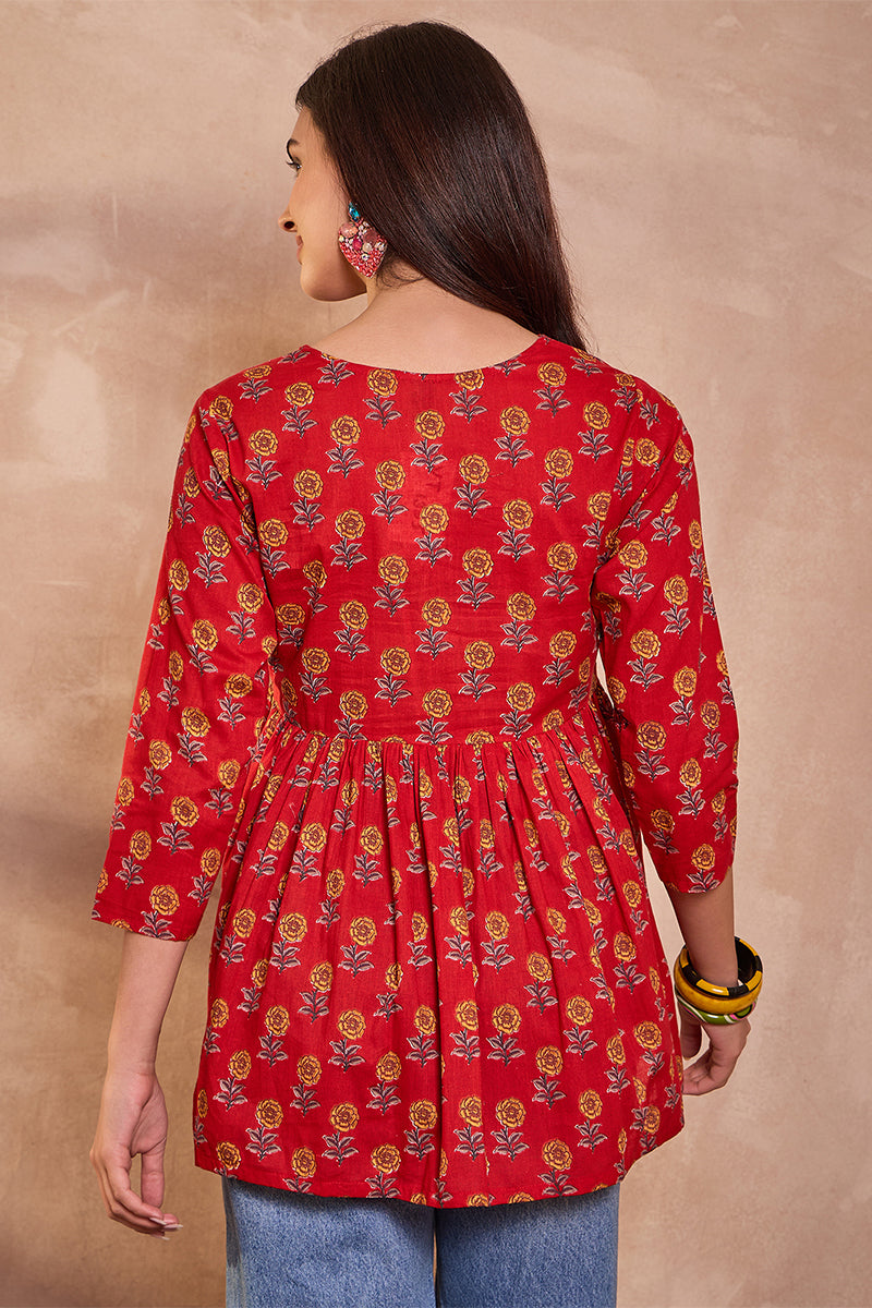 red cotton blend floral printed top