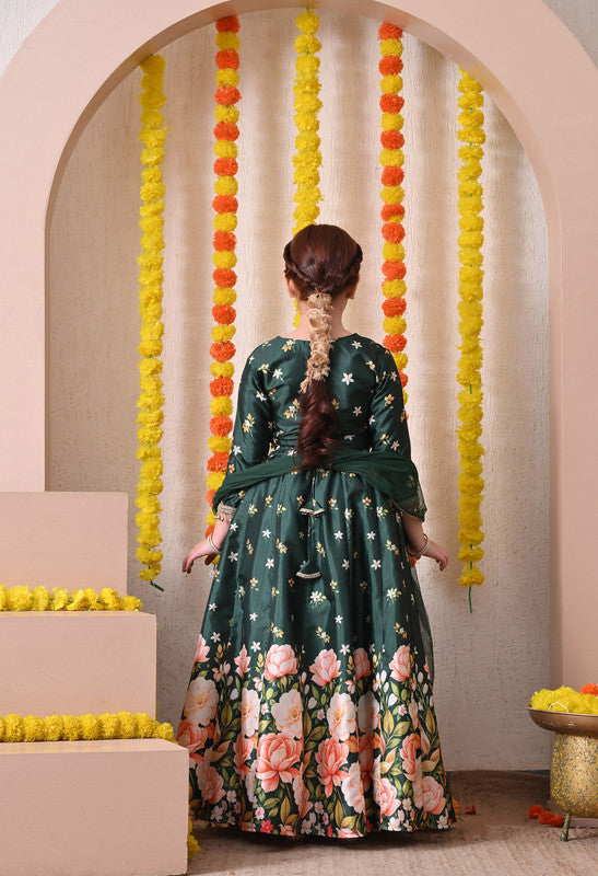 Indi Loom Couture Girls Dark Green Floral Printed Lehenga Choli with Net Dupatta ILLCD37