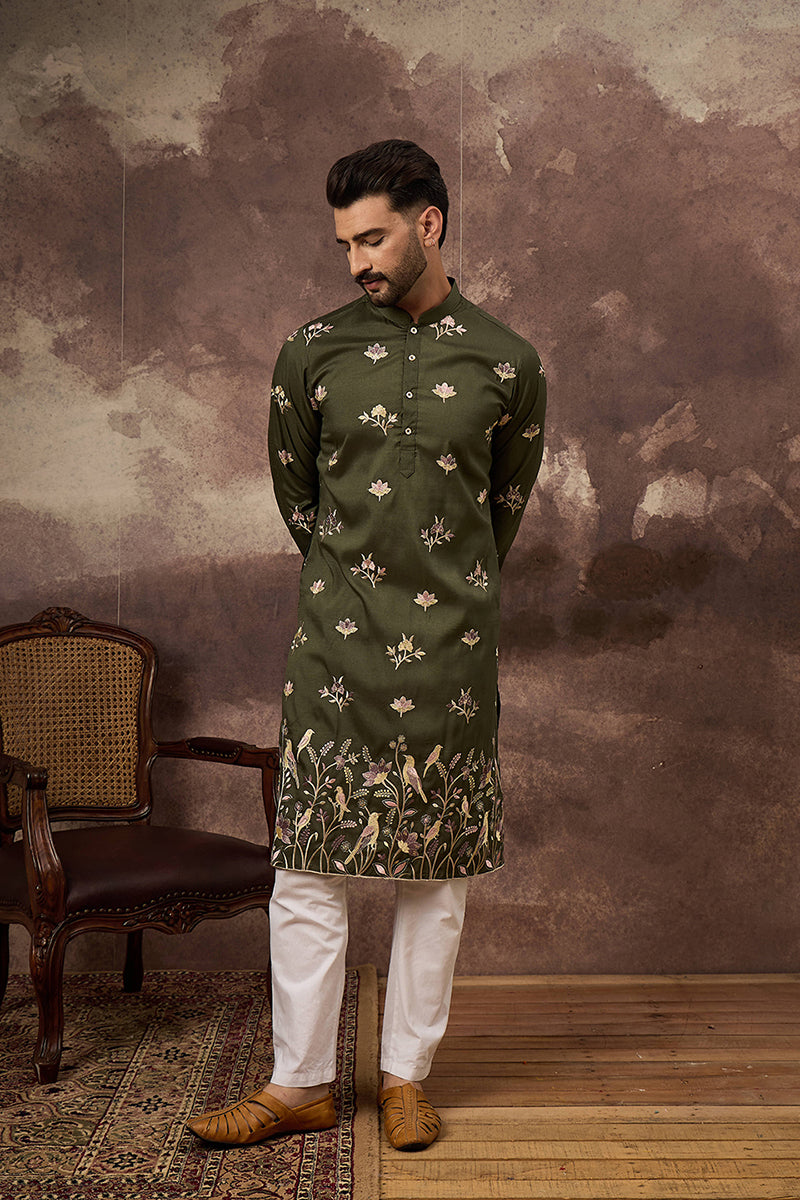 green silk blend solid embroidered straight kurta