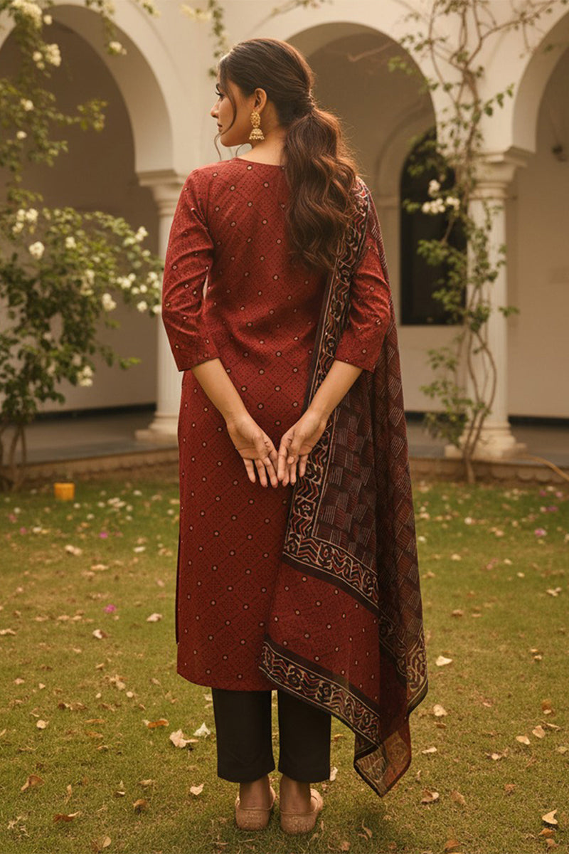 maroon rayon blend geometric printed straight kurta trousers with dupatta 