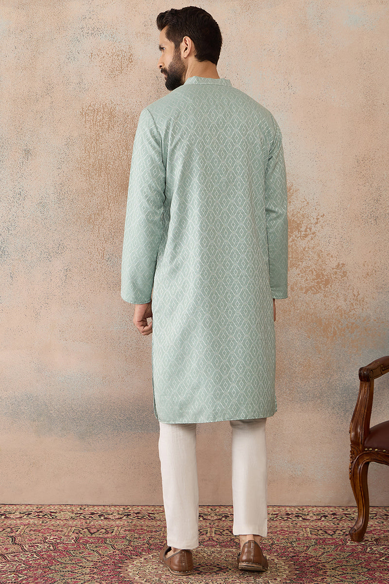 Mens Green Linen Blend Geometric Woven Design Kurta MKU2365