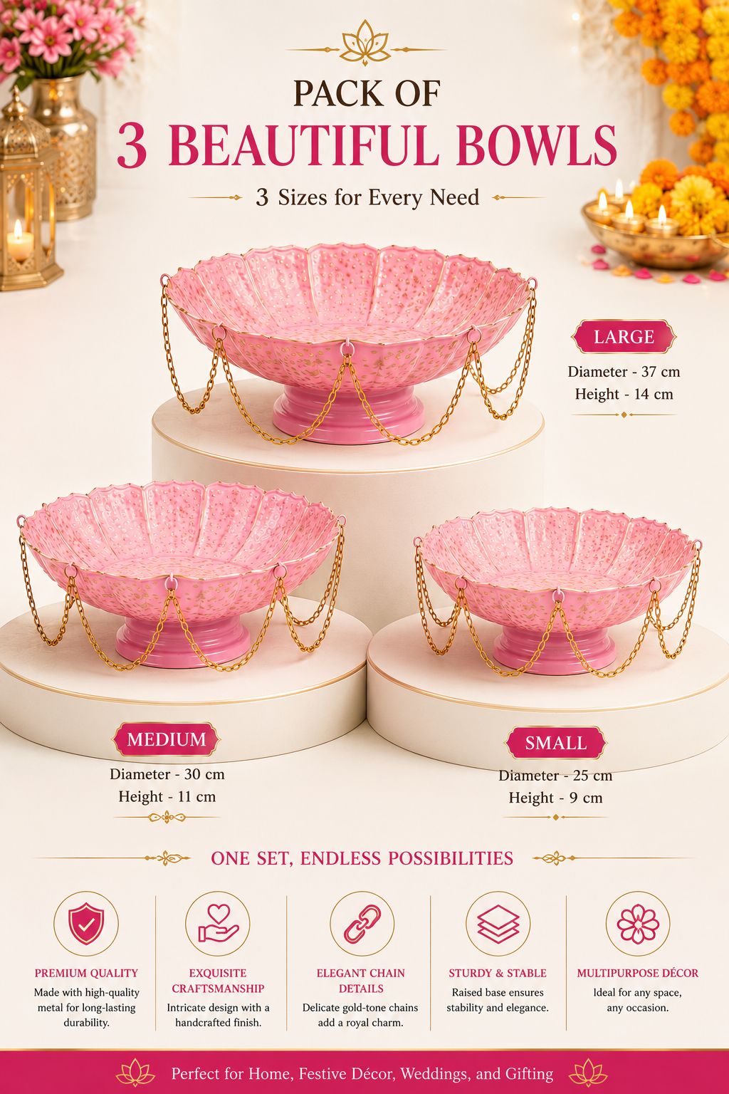 premium pink lotus urli bowl set of 3 with decorative chain handcrafted metal floating flower bowls for water candles tea lights decorative urli for diwali wedding pooja home decor