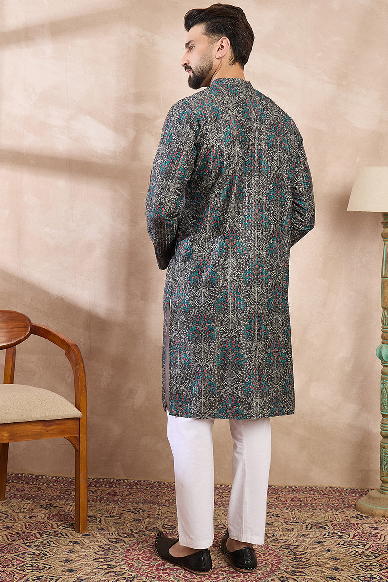 Black Silk Blend Floral Printed Straight Kurta MKU2015