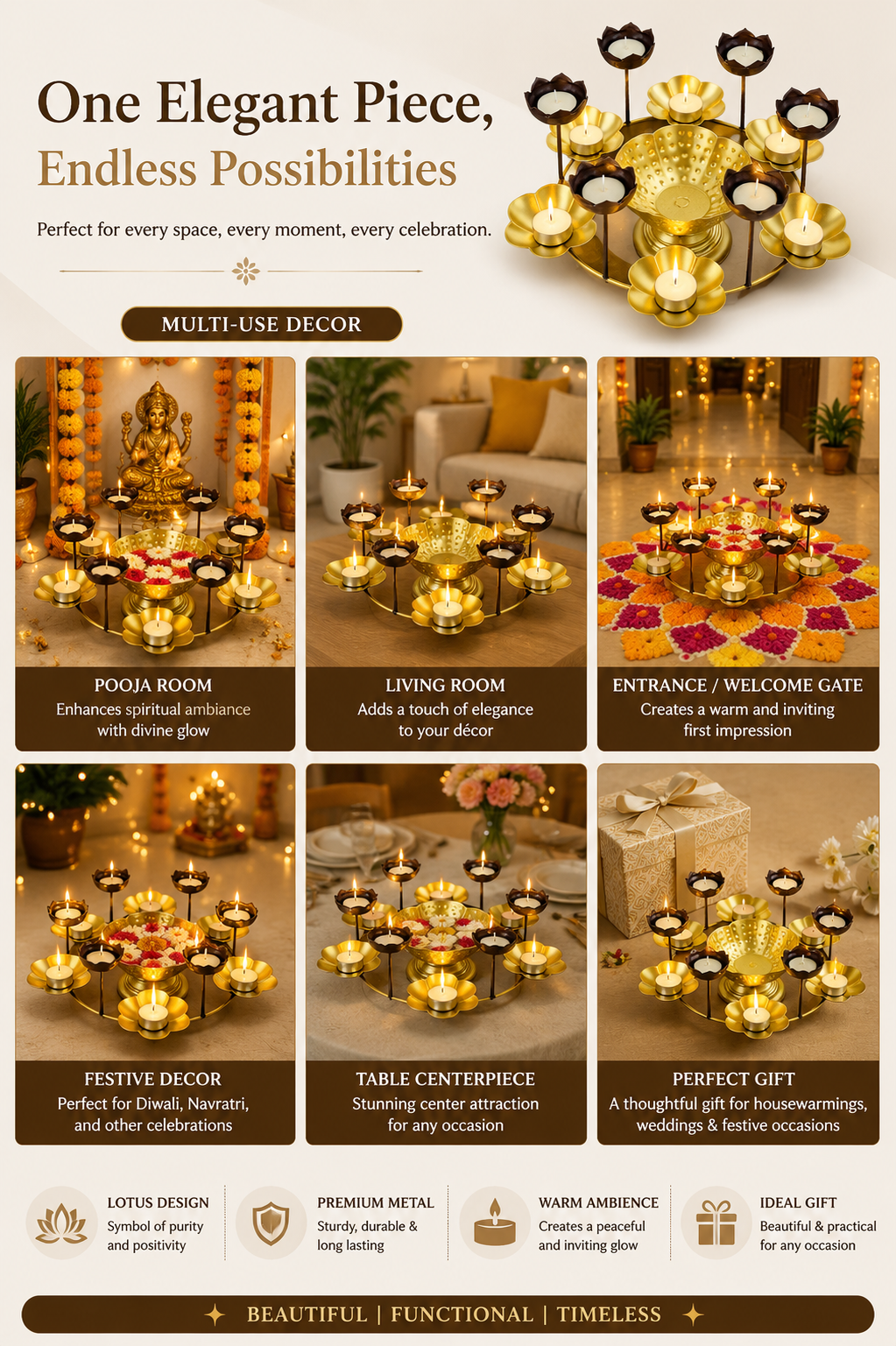 premium lotus urli bowl with elevated tea light holders decorative hammered metal floating flower bowl gold finish candle centerpiece for diwali pooja weddings festivals home decor