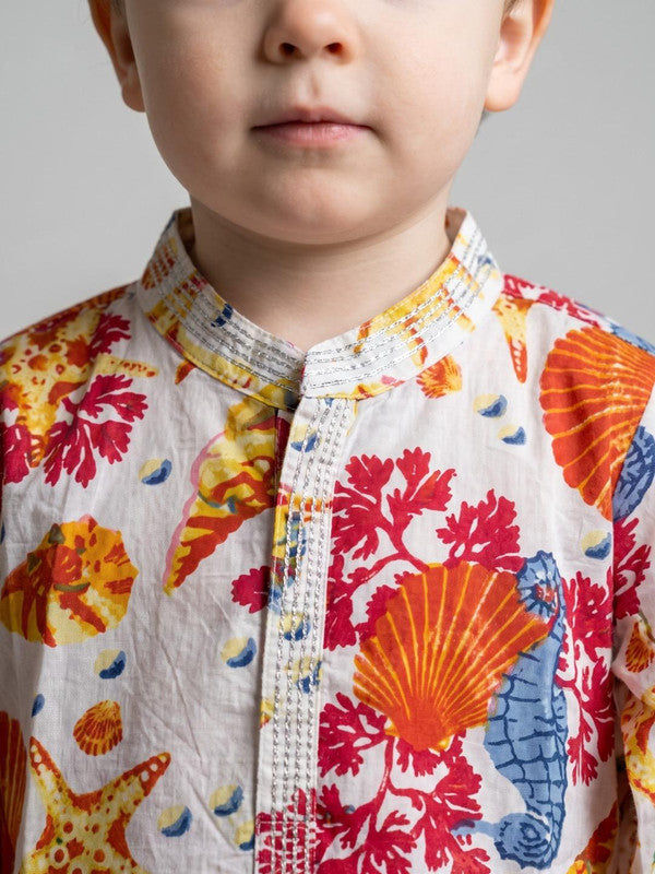 Boys White & Yellow Printed Kurta with Dhoti Pants ILBKS60