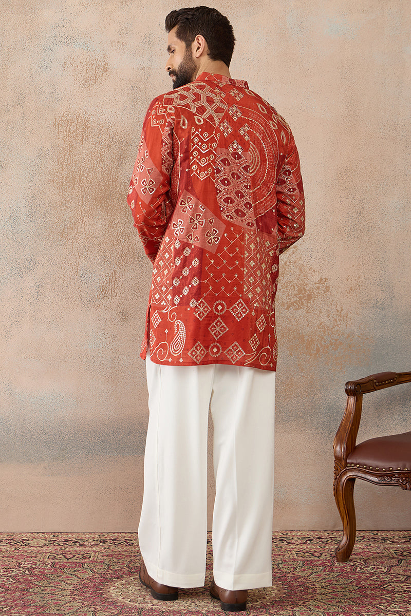 Mens Orange Modal Ethnic Motifs Printed Kurta MKU2457