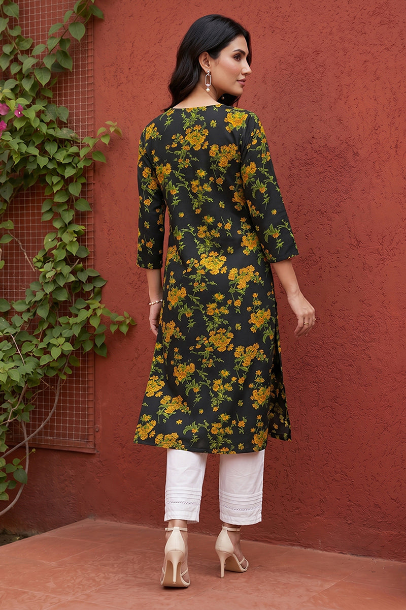 rayon black floral digital printed regular kurta vck9822