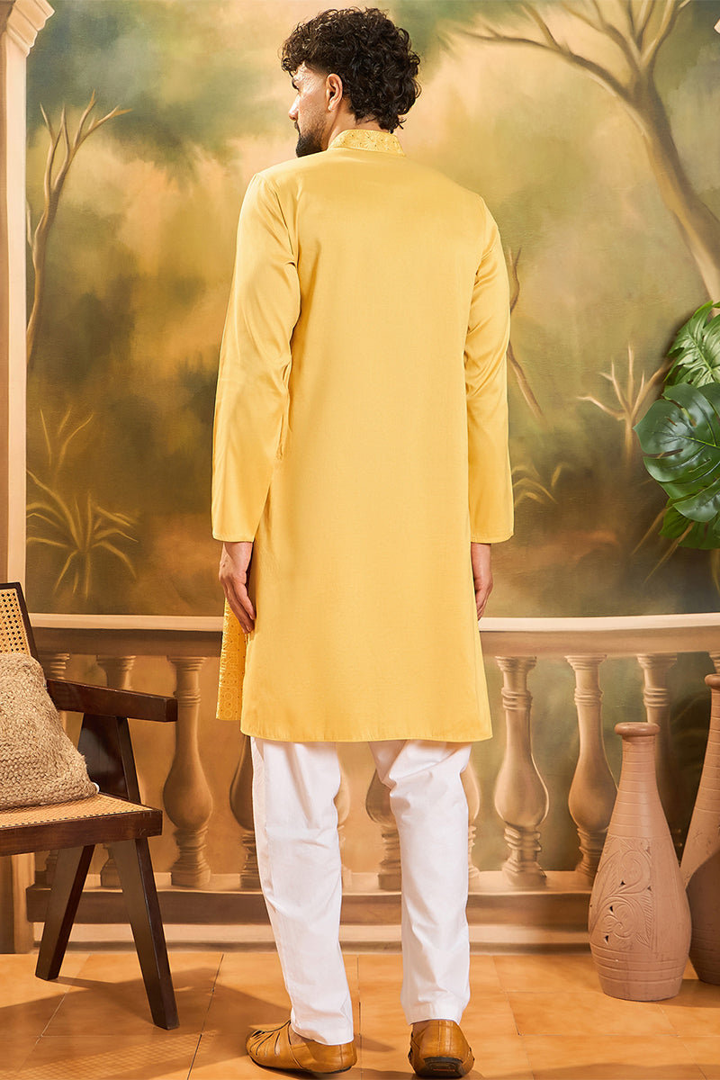 yellow silk blend solid embroidered straight kurta