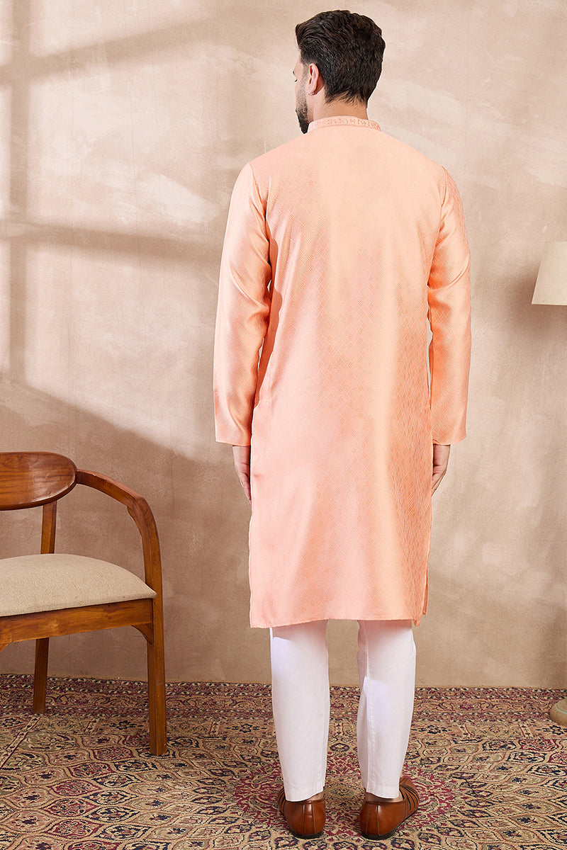 Peach Silk Blend Solid Embroidered Straight Kurta