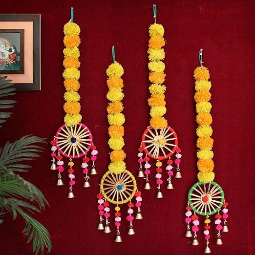 Set of 4 Artificial Marigold Flowers Garland Decorations Wall Door Hanging Toran with Bells