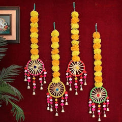 Set of 4 Artificial Marigold Flowers Garland Decorations Wall Door Hanging Toran with Bells