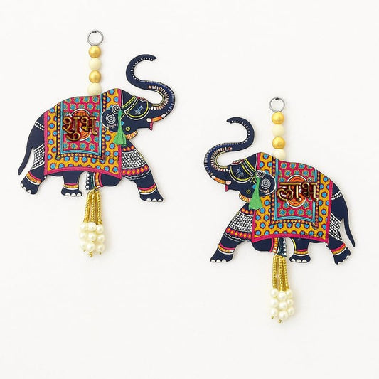 Wooden Shubh Labh Tags for Door Entrance, Blue Elephant Toran Pair, Side Hangings for Home Decoration, Mandir, Diwali Festival Décor 1 Pair