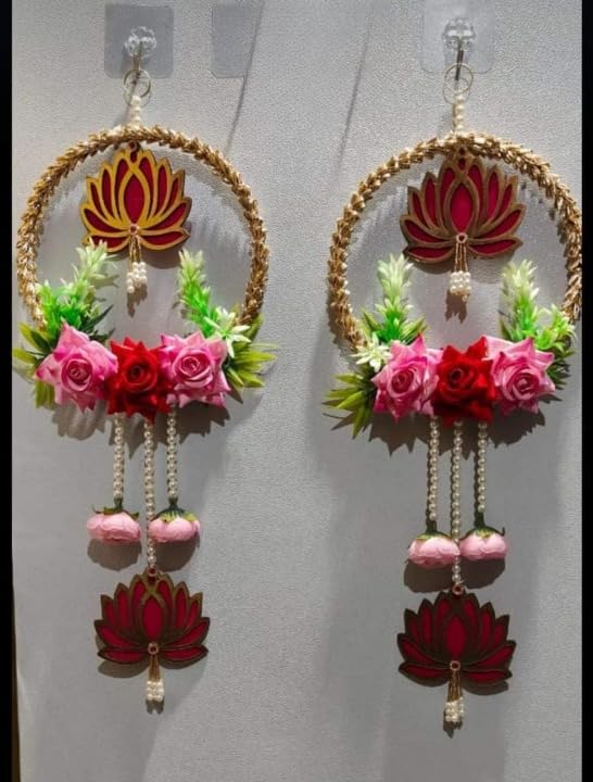Handmade Lotus Wall Decor with Jhumki Style Hanging - Perfect for Temple/Pooja Decor, Diwali & Wedding - 2 PCS (Flower with Lotus)