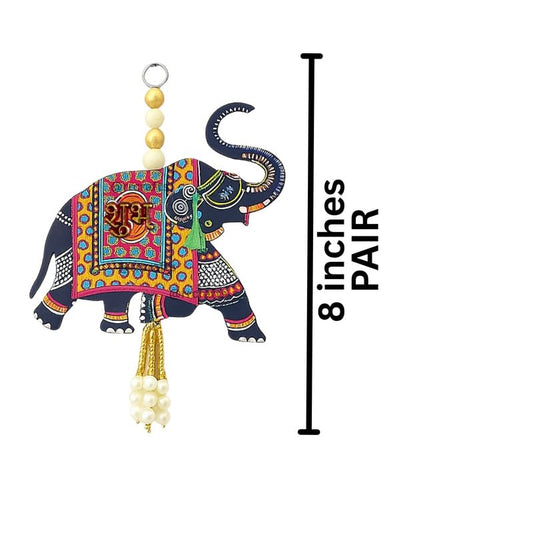 Wooden Shubh Labh Tags for Door Entrance, Blue Elephant Toran Pair, Side Hangings for Home Decoration, Mandir, Diwali Festival Décor 1 Pair