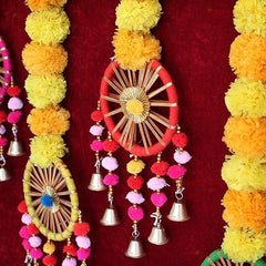 Set of 4 Artificial Marigold Flowers Garland Decorations Wall Door Hanging Toran with Bells
