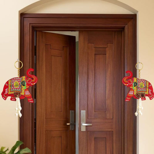 Wooden Shubh Labh Tags for Door Entrance, Red Elephant Toran Pair