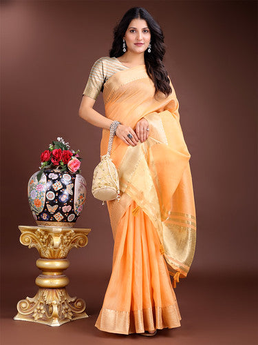 Orange Gold Cotton Ready-to-Wear Saree – Simplicity Meets Effortless Grace