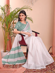 Linen Cotton Saree with Subtle Woven Stripes and Contrast Border | Lightweight Handloom Look Saree for Festive Gifting & Elegant Moments | Includes Unstitched Blouse Piece
