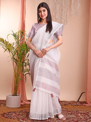 Linen Cotton Saree with Subtle Woven Stripes and Contrast Border | Lightweight Handloom Look Saree for Festive Gifting & Elegant Moments | Includes Unstitched Blouse Piece