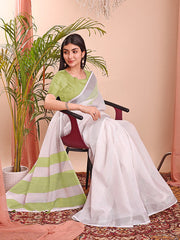 Linen Cotton Saree with Subtle Woven Stripes and Contrast Border | Lightweight Handloom Look Saree for Festive Gifting & Elegant Moments | Includes Unstitched Blouse Piece