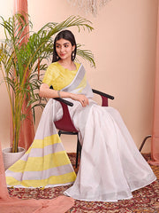 Linen Cotton Saree with Subtle Woven Stripes and Contrast Border | Lightweight Handloom Look Saree for Festive Gifting & Elegant Moments | Includes Unstitched Blouse Piece
