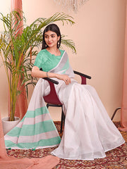 Linen Cotton Saree with Subtle Woven Stripes and Contrast Border | Lightweight Handloom Look Saree for Festive Gifting & Elegant Moments | Includes Unstitched Blouse Piece