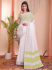 Linen Cotton Saree with Subtle Woven Stripes and Contrast Border | Lightweight Handloom Look Saree for Festive Gifting & Elegant Moments | Includes Unstitched Blouse Piece
