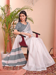 Linen Cotton Saree with Subtle Woven Stripes and Contrast Border | Lightweight Handloom Look Saree for Festive Gifting & Elegant Moments | Includes Unstitched Blouse Piece