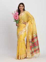 Sky Blue Linen Saree with Multicolor Weaving & Zari Pallu – Elegant & Lightweight for Everyday Grace