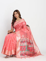 Sky Blue Linen Saree with Multicolor Weaving & Zari Pallu – Elegant & Lightweight for Everyday Grace