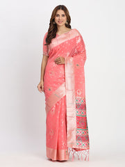 Sky Blue Linen Saree with Multicolor Weaving & Zari Pallu – Elegant & Lightweight for Everyday Grace
