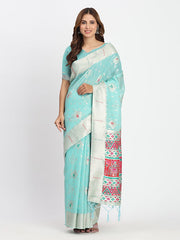 Sky Blue Linen Saree with Multicolor Weaving & Zari Pallu – Elegant & Lightweight for Everyday Grace