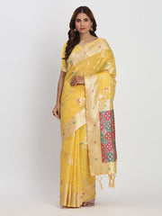 Sea Green Linen Saree with Multicolor Weaving & Zari Pallu – Elegant & Lightweight for Everyday Grace