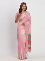 Sky Blue Linen Saree with Multicolor Weaving & Zari Pallu – Elegant & Lightweight for Everyday Grace
