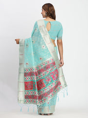 Sky Blue Linen Saree with Multicolor Weaving & Zari Pallu – Elegant & Lightweight for Everyday Grace