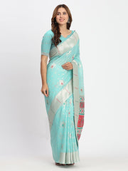 Sky Blue Linen Saree with Multicolor Weaving & Zari Pallu – Elegant & Lightweight for Everyday Grace