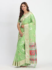Sky Blue Linen Saree with Multicolor Weaving & Zari Pallu – Elegant & Lightweight for Everyday Grace