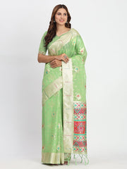 Sky Blue Linen Saree with Multicolor Weaving & Zari Pallu – Elegant & Lightweight for Everyday Grace