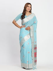 Sky Blue Linen Saree with Multicolor Weaving & Zari Pallu – Elegant & Lightweight for Everyday Grace