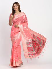 Sky Blue Linen Saree with Multicolor Weaving & Zari Pallu – Elegant & Lightweight for Everyday Grace