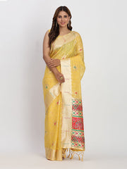 Sky Blue Linen Saree with Multicolor Weaving & Zari Pallu – Elegant & Lightweight for Everyday Grace
