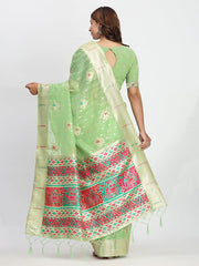 Sky Blue Linen Saree with Multicolor Weaving & Zari Pallu – Elegant & Lightweight for Everyday Grace