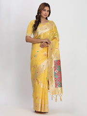 Sea Green Linen Saree with Multicolor Weaving & Zari Pallu – Elegant & Lightweight for Everyday Grace