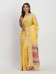 Sky Blue Linen Saree with Multicolor Weaving & Zari Pallu – Elegant & Lightweight for Everyday Grace