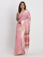 Sky Blue Linen Saree with Multicolor Weaving & Zari Pallu – Elegant & Lightweight for Everyday Grace