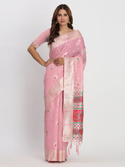Sky Blue Linen Saree with Multicolor Weaving & Zari Pallu – Elegant & Lightweight for Everyday Grace