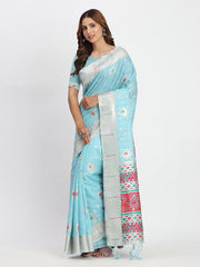 Sky Blue Linen Saree with Multicolor Weaving & Zari Pallu – Elegant & Lightweight for Everyday Grace