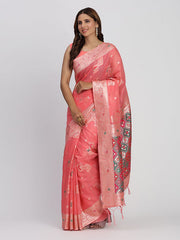 Sea Green Linen Saree with Multicolor Weaving & Zari Pallu – Elegant & Lightweight for Everyday Grace